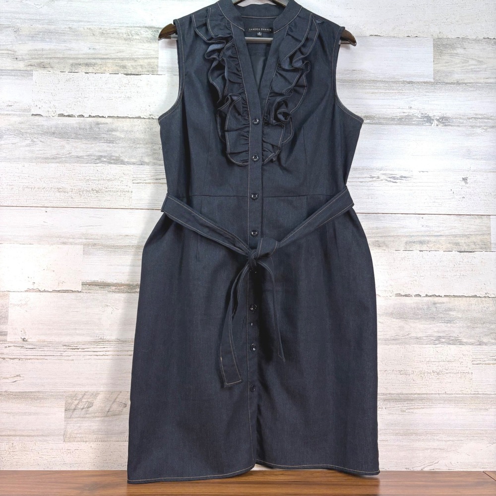 Sandra Darren Womens Dark Wash Denim Ruffle Button Front Tie Waist Dress Size 16